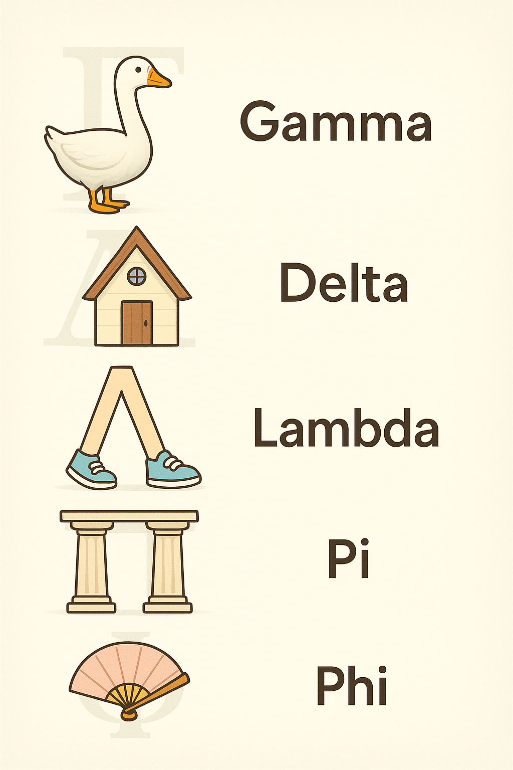  Illustration: Greek Cousins letters Г, Д, Л, П, Ф with mnemonic images. 