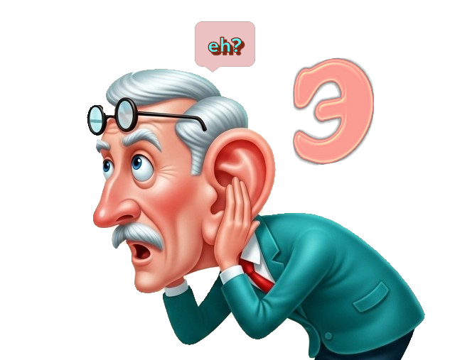 Illustration: Letter Э. The ear shaped like the letter Э. A person cups a hand to the ear and says eh? I can't hear you. 