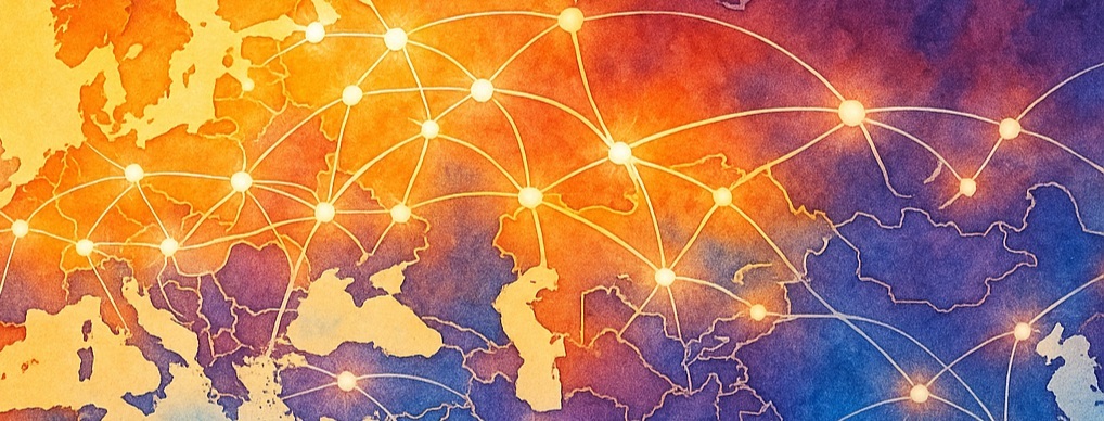 Vibrant watercolor world map focused on Eastern Europe and Central Asia, glowing connection lines across cities, warm sunrise palette (saffron, cerulean, amethyst), soft grain texture, modern editorial style,
                                    clean negative space, high detail, 4k.