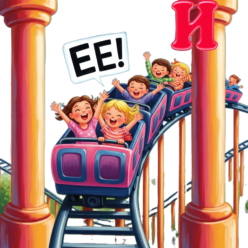 Illustration: Letter И. Kids on a rollercoaster yelling eee.