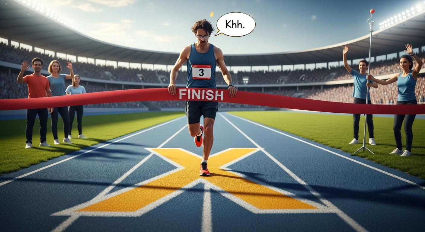 Illustration: Х as a finish line, runner crossing and exhaling 'khhh'