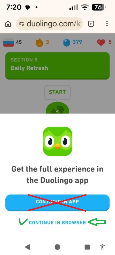 Continue in browser prompt on mobile (screenshot)