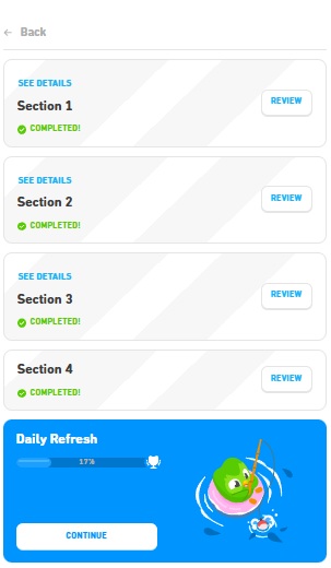 Duolingo course path showing sections(screenshot)