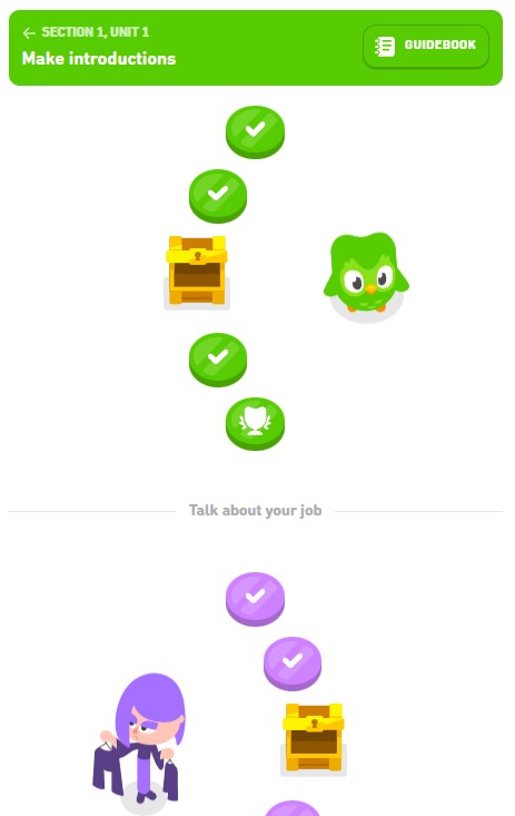 Duolingo course path showing units(screenshot)