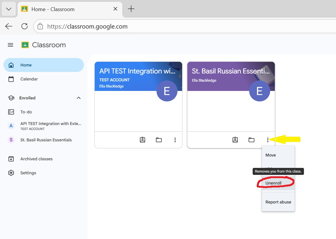 Google Classroom class card menu showing the Unenroll option